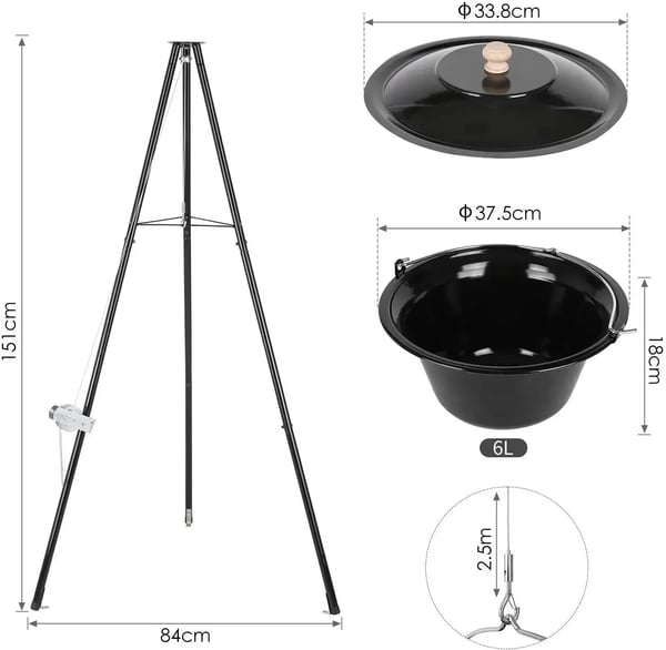 Ungersk gulaschkittel - Gryta med stativ - 10 L, Emaljerad, Gjutjärn, Teleskopstativ 151–170 cm, Kedja 250 cm, Lock - Röd