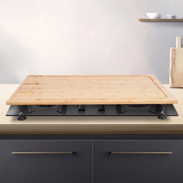 Skærebræt og kogepladeafdækning - Bambus - 75×54×10 cm - Rektangulær - 2‑i‑1 - Poleret og oliebehandlet - Pinkish Grey