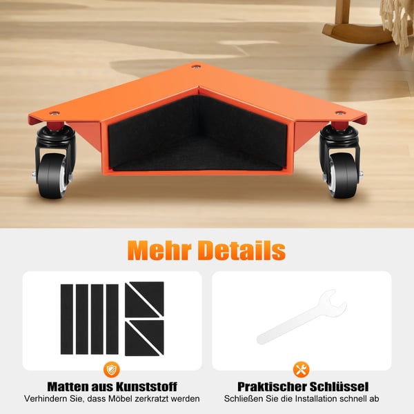 Møbelruller - Hjørne-dolly 4-pak - Højkulstofstålramme - PU-hjul - Maks 650 kg - Orange