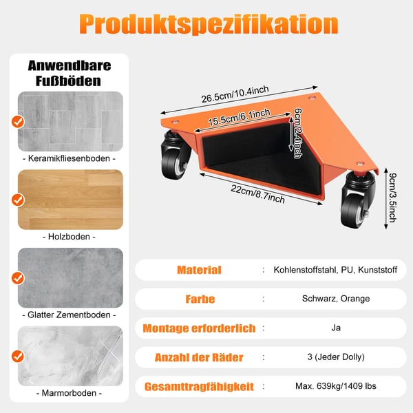 Møbelruller - Hjørne-dolly 4-pak - Højkulstofstålramme - PU-hjul - Maks 650 kg - Orange