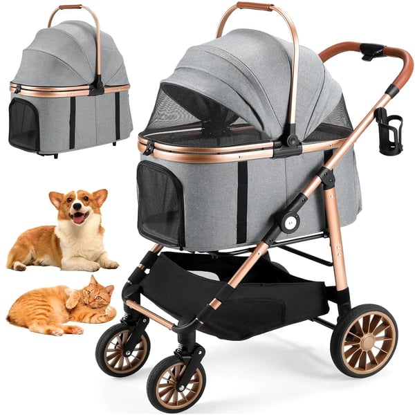 Hundevogn & kattevogn - 2-i-1 4-hjulet buggy - 360° Gummihjul, Støddæmpning, Foldbar, Åndbar, Bærbar, Max 25 kg - Brun/Grå