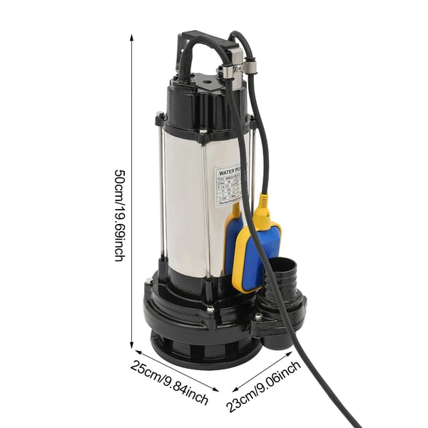 Nedsænkbar spildevandspumpe, 2 hk 220V EU-stik, 36000 l/t, rustfrit stål, flydekontakt, til sump/industri