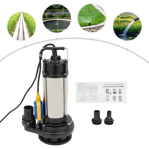 Nedsænkbar spildevandspumpe, 2 hk 220V EU-stik, 36000 l/t, rustfrit stål, flydekontakt, til sump/industri