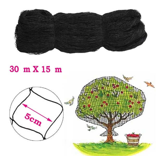 Fuglenet - Duenet - Størrelse 30 x 15 m - Maskestørrelse 5 x 5 cm - Til altan, have, dam og pool - Sort