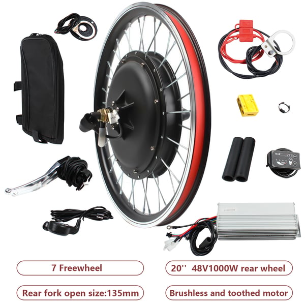 Elcykel ombygningssæt, baghjul 20 tommer, 48V 1000W, LED-display, børsteløs controller, sort