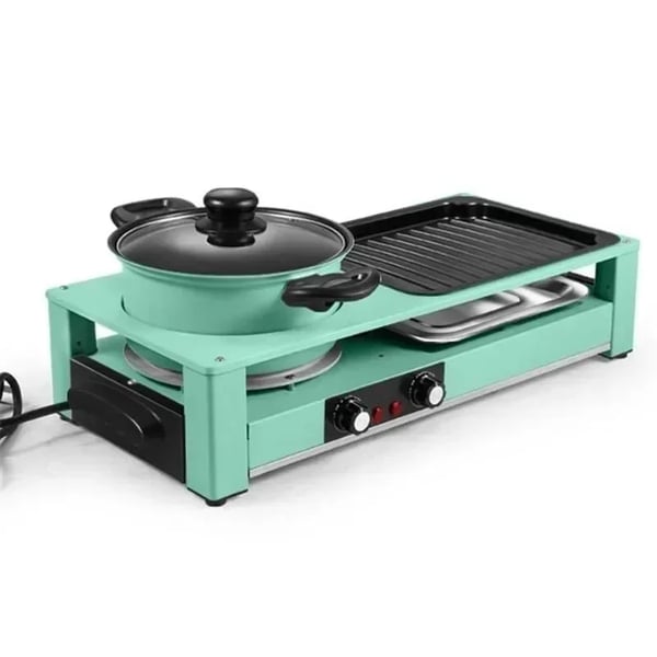 3‑in‑1 Sähkögrilli & Hot Pot - Monitoimikeitin - Savuton BBQ - PTFE-pinnoite - Säädettävä lämpötila - 2001–2500 W - 220 V EU‑pistoke - Vihreä