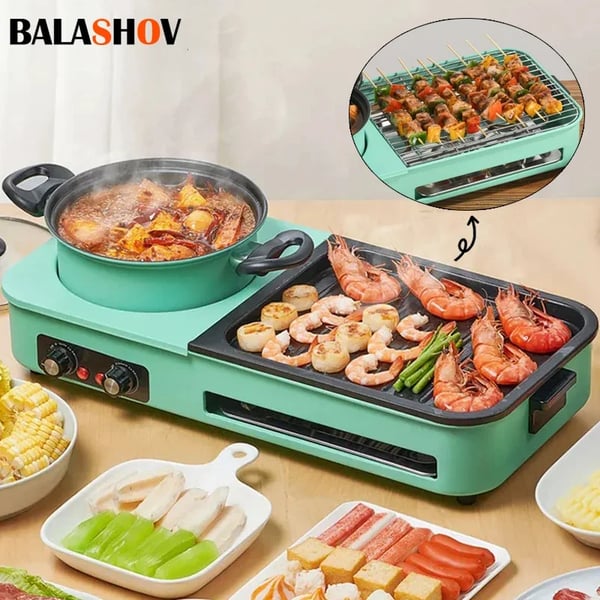 3‑in‑1 Sähkögrilli & Hot Pot - Monitoimikeitin - Savuton BBQ - PTFE-pinnoite - Säädettävä lämpötila - 2001–2500 W - 220 V EU‑pistoke - Vihreä