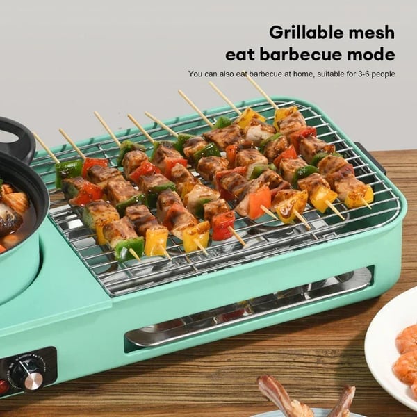 3‑in‑1 Sähkögrilli & Hot Pot - Monitoimikeitin - Savuton BBQ - PTFE-pinnoite - Säädettävä lämpötila - 2001–2500 W - 220 V EU‑pistoke - Vihreä