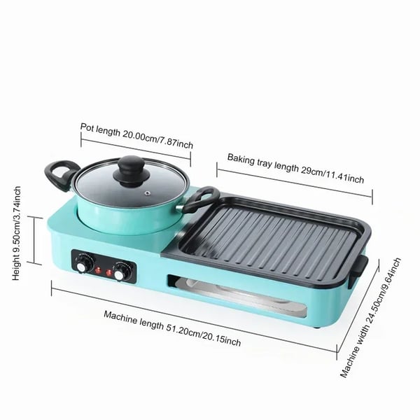 3‑in‑1 Sähkögrilli & Hot Pot - Monitoimikeitin - Savuton BBQ - PTFE-pinnoite - Säädettävä lämpötila - 2001–2500 W - 220 V EU‑pistoke - Vihreä