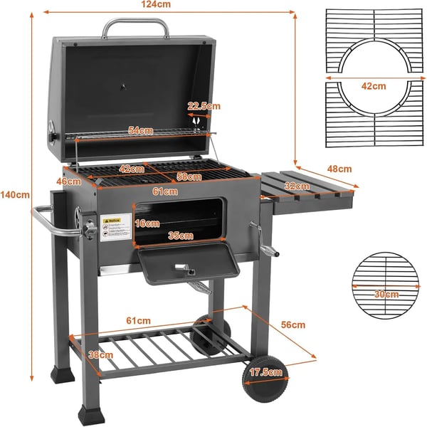 BBQ Kulgrill - Grillvogn XXL - 116×55,7×100 cm - Pulverlakeret Stål - Klapbart Sidebord, Håndtag - Sort