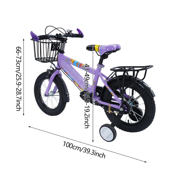 Børnecykel - 35 cm hjul - Støttehjul - Justerbart sæde - Kurv og bagsæde - Max 50 kg - Til 3–6 år - Stålramme - Lilla
