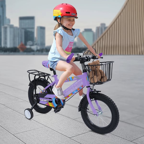 Børnecykel - 35 cm hjul - Støttehjul - Justerbart sæde - Kurv og bagsæde - Max 50 kg - Til 3–6 år - Stålramme - Lilla