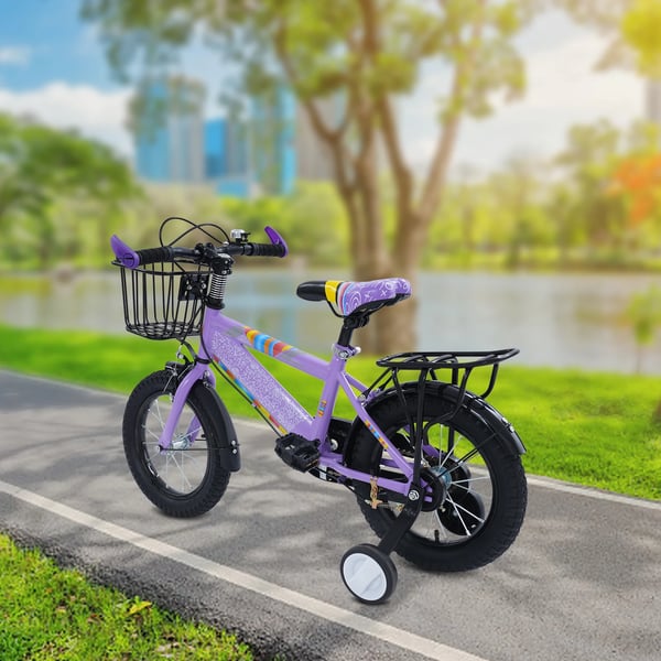 Børnecykel - 35 cm hjul - Støttehjul - Justerbart sæde - Kurv og bagsæde - Max 50 kg - Til 3–6 år - Stålramme - Lilla