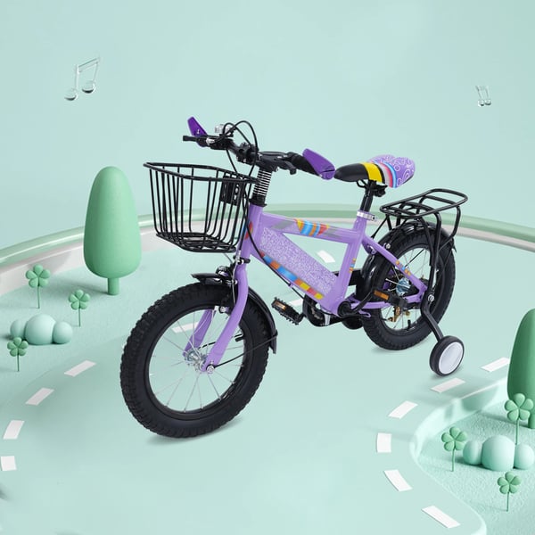 Børnecykel - 35 cm hjul - Støttehjul - Justerbart sæde - Kurv og bagsæde - Max 50 kg - Til 3–6 år - Stålramme - Lilla