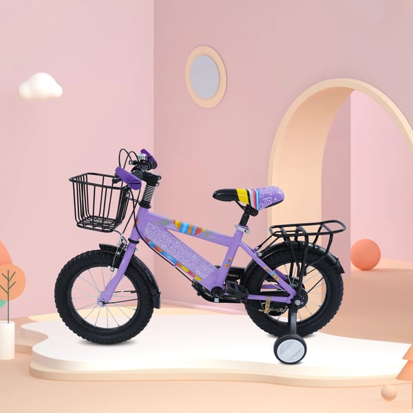 Børnecykel - 35 cm hjul - Støttehjul - Justerbart sæde - Kurv og bagsæde - Max 50 kg - Til 3–6 år - Stålramme - Lilla