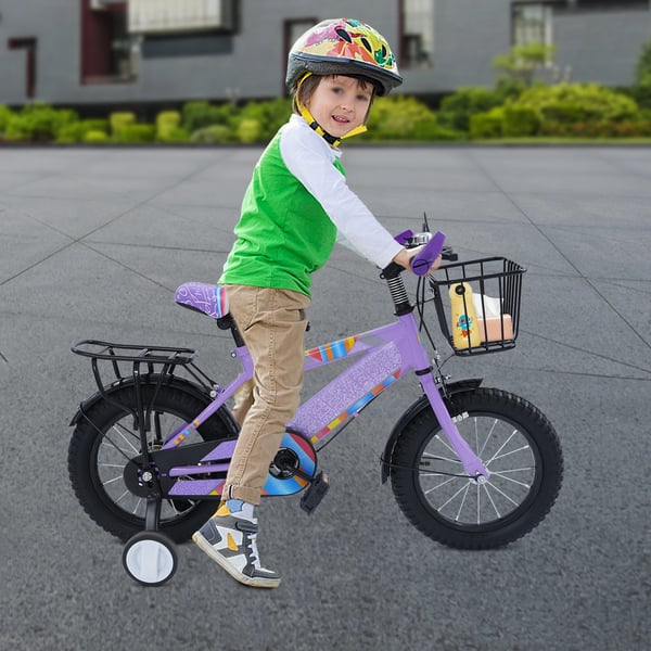 Børnecykel - 35 cm hjul - Støttehjul - Justerbart sæde - Kurv og bagsæde - Max 50 kg - Til 3–6 år - Stålramme - Lilla