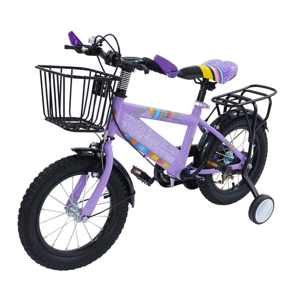 Børnecykel - 35 cm hjul - Støttehjul - Justerbart sæde - Kurv og bagsæde - Max 50 kg - Til 3–6 år - Stålramme - Lilla