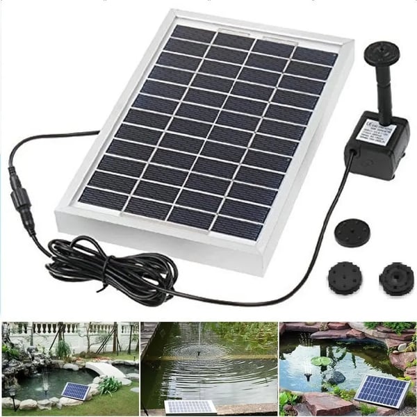 Aurinkosuihkulähdepumppu - Vesipumppusarja - Teho 5 W - Virtaus 250 L/h - Maksimikorkeus 60 cm - Neljä Suutinta - Metalli