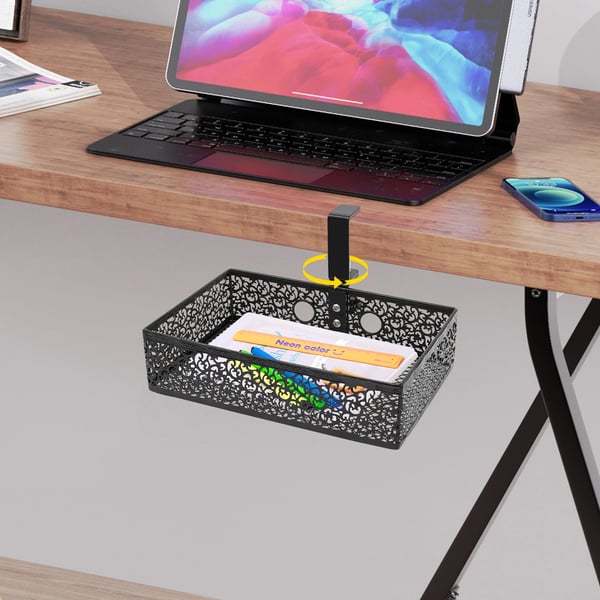 Opbevaring under skrivebord - Kurv/Organizer - 360° Roterbar - Bordklemme 0,76–5,08 cm - 28×18×7 cm - Max 2 kg - Sort