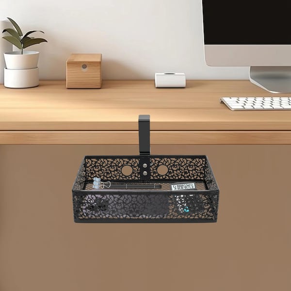 Opbevaring under skrivebord - Kurv/Organizer - 360° Roterbar - Bordklemme 0,76–5,08 cm - 28×18×7 cm - Max 2 kg - Sort