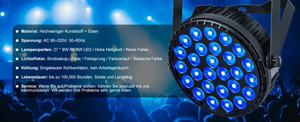 LED PAR-valo - Flat Par DMX512 - 27×8W RGBW 4‑in‑1 - 216W - 8 kanavaa - Ääniohjaus & automaattinen - Master‑slave - EU‑pistoke 90–240V