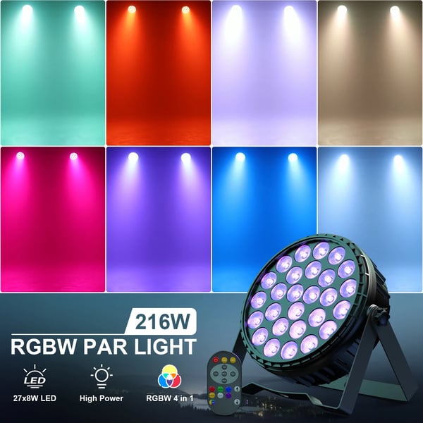 LED PAR-valo - Flat Par DMX512 - 27×8W RGBW 4‑in‑1 - 216W - 8 kanavaa - Ääniohjaus & automaattinen - Master‑slave - EU‑pistoke 90–240V