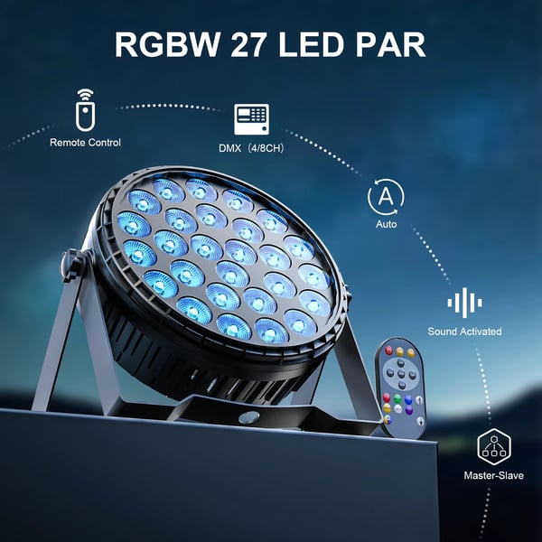 LED PAR-valo - Flat Par DMX512 - 27×8W RGBW 4‑in‑1 - 216W - 8 kanavaa - Ääniohjaus & automaattinen - Master‑slave - EU‑pistoke 90–240V