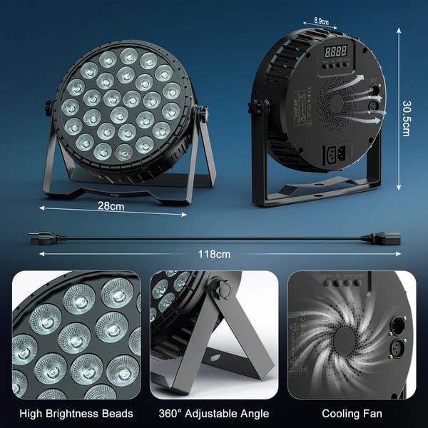 LED PAR-valo - Flat Par DMX512 - 27×8W RGBW 4‑in‑1 - 216W - 8 kanavaa - Ääniohjaus & automaattinen - Master‑slave - EU‑pistoke 90–240V