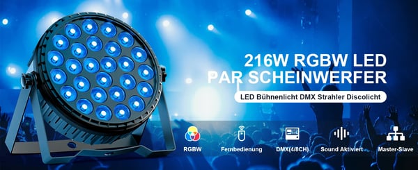 LED PAR-valo - Flat Par DMX512 - 27×8W RGBW 4‑in‑1 - 216W - 8 kanavaa - Ääniohjaus & automaattinen - Master‑slave - EU‑pistoke 90–240V