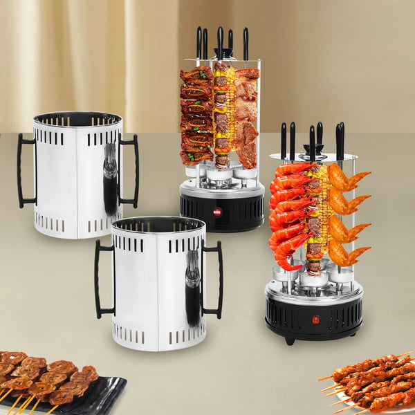 Vertikal elektrisk grill SW-6, 1000 W, rustfrit stål, automatisk rotisseri, 6 spyd, røgfri, grå