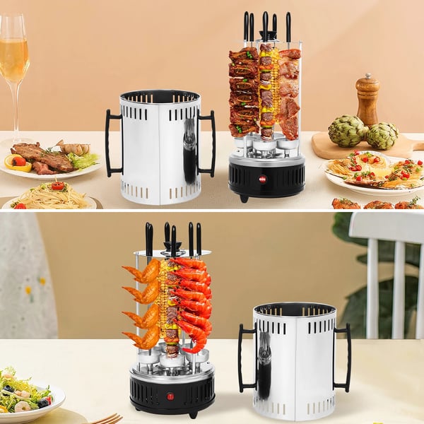 Vertikal elektrisk grill SW-6, 1000 W, rustfrit stål, automatisk rotisseri, 6 spyd, røgfri, grå