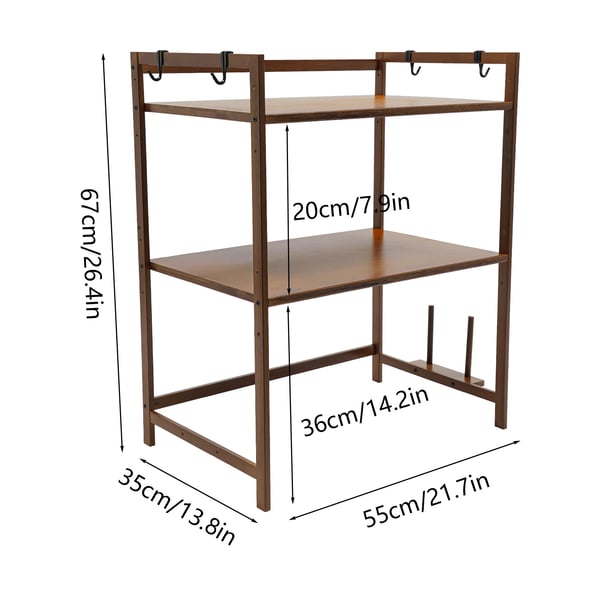 Keittiöhylly - Mikroaaltouuniteline - 2 tasoa - Bambua - 4 koukkua - 55×35×67 cm - 10–12,5 kg/taso - Luumu