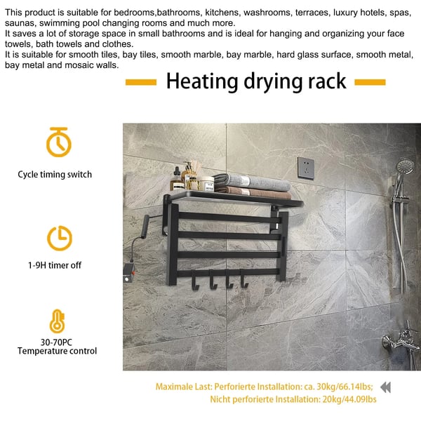 Elektrisk håndklædetørrer - Håndklædevarmer - Væghængt - Temperatur- og tidsstyring - 220 V - Aluminiumlegering - CE-godkendt - Sort
