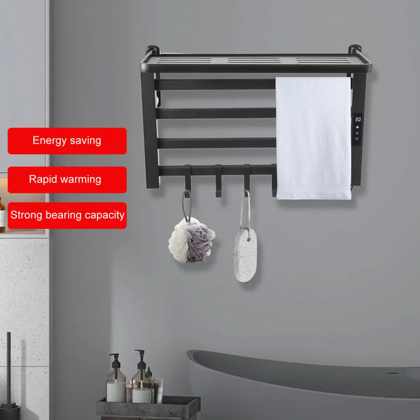 Elektrisk håndklædetørrer - Håndklædevarmer - Væghængt - Temperatur- og tidsstyring - 220 V - Aluminiumlegering - CE-godkendt - Sort