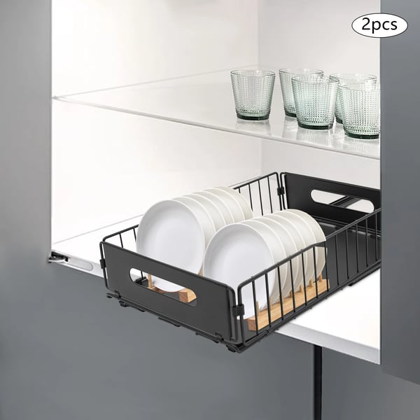 Utdragbar skåpsorganisatör - Förvaringskorgar - Rostbeständigt kolstål - 2-pack - Bärkapacitet 4–5 kg per korg - Mått 37,5×24,5×10 cm - Svart