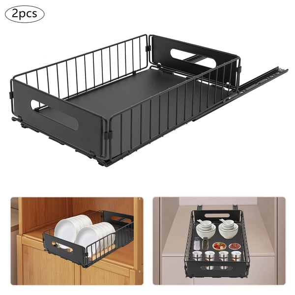 Utdragbar skåpsorganisatör - Förvaringskorgar - Rostbeständigt kolstål - 2-pack - Bärkapacitet 4–5 kg per korg - Mått 37,5×24,5×10 cm - Svart