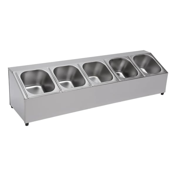 Krydderi- og sauceholder - Bordmodel - 5×GN 1/6 kantiner med låg - 2 L pr. kantine - 201 rustfrit stål - Skråt stativ - 86×22,5×22 cm - Sølv