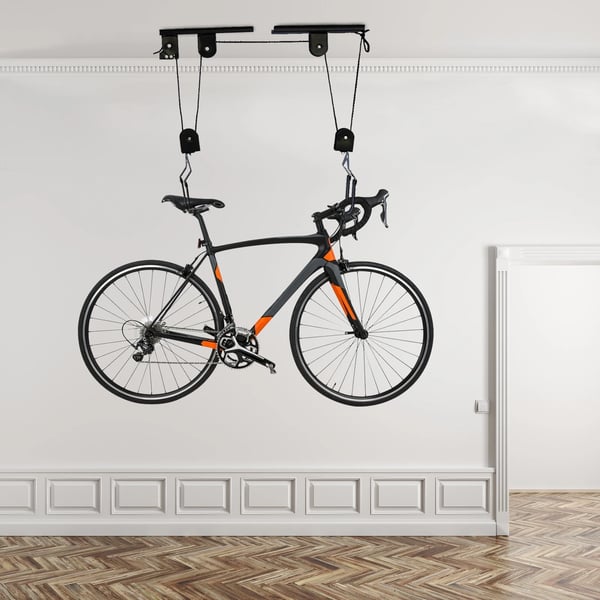 Cykelhiss för takmontering, taljsystem för garage, svart