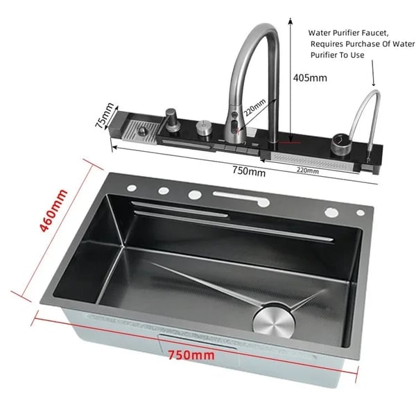 Vandfalds-køkkenvask 304 rustfrit stål - Enkelt bassin - Størrelse 75×46 cm - Topmonteret - Armatur med digitalt display, sæbedispenser & kopskyller