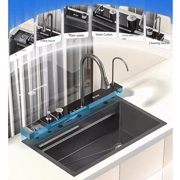 Køkkenvask - Enkeltvask 68×46 cm - 304 rustfrit - Overmonteret - Børstet - Vandfaldsarmatur m. digitalt display - Sæbedispenser & kopskyller - Gul