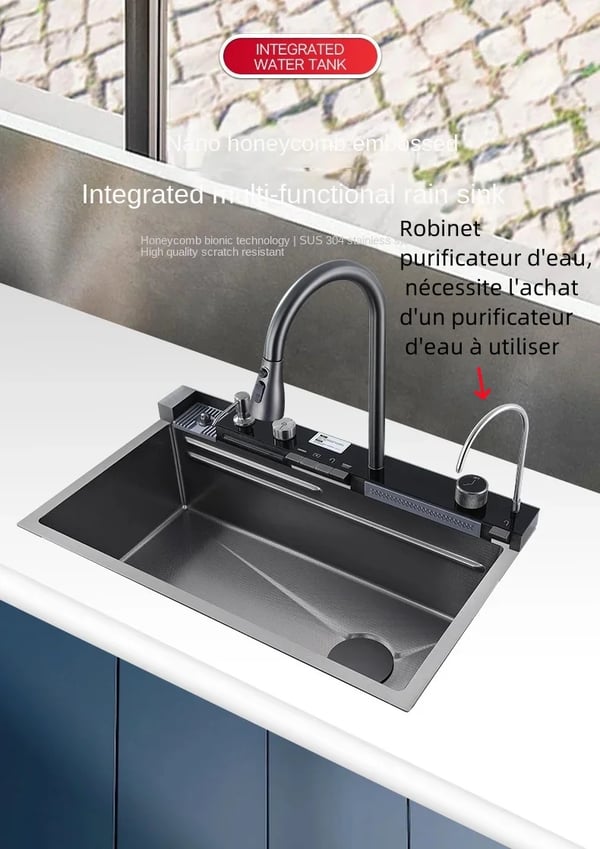 Køkkenvask - Enkeltvask 68×46 cm - 304 rustfrit - Overmonteret - Børstet - Vandfaldsarmatur m. digitalt display - Sæbedispenser & kopskyller - Gul