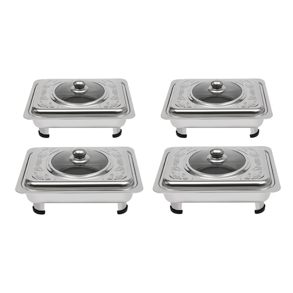Buffetvarmer Chafing Dish Sæt - Rektangulære Fade Med Låg - 4-Pak - Rustfrit Stål & Glas - Til 7–9 Personer - Sølv