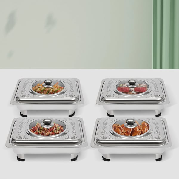 Buffetvarmer Chafing Dish Sæt - Rektangulære Fade Med Låg - 4-Pak - Rustfrit Stål & Glas - Til 7–9 Personer - Sølv
