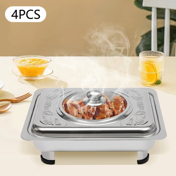 Buffetvarmer Chafing Dish Sæt - Rektangulære Fade Med Låg - 4-Pak - Rustfrit Stål & Glas - Til 7–9 Personer - Sølv