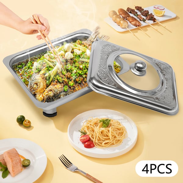 Buffetvarmer Chafing Dish Sæt - Rektangulære Fade Med Låg - 4-Pak - Rustfrit Stål & Glas - Til 7–9 Personer - Sølv