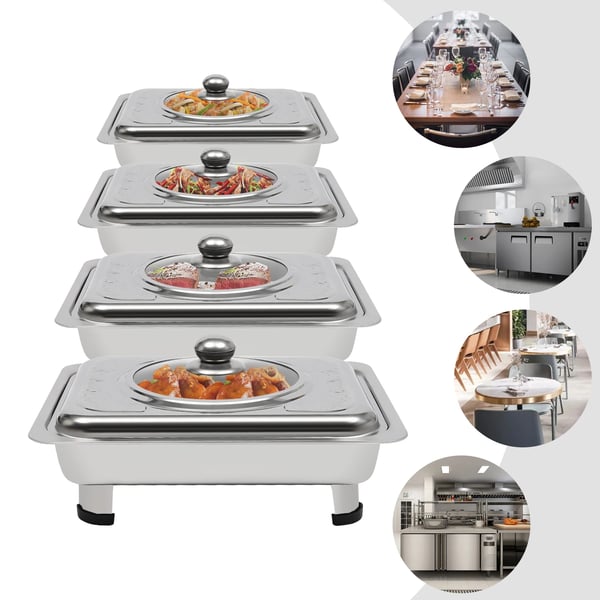 Buffetvarmer Chafing Dish Sæt - Rektangulære Fade Med Låg - 4-Pak - Rustfrit Stål & Glas - Til 7–9 Personer - Sølv
