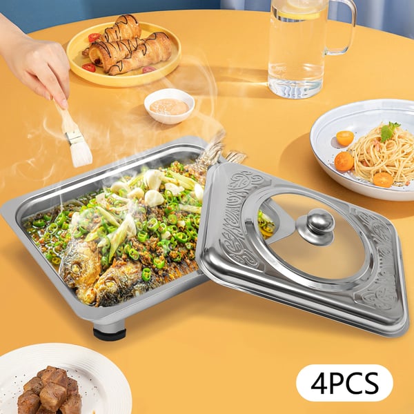 Buffetvarmer Chafing Dish Sæt - Rektangulære Fade Med Låg - 4-Pak - Rustfrit Stål & Glas - Til 7–9 Personer - Sølv