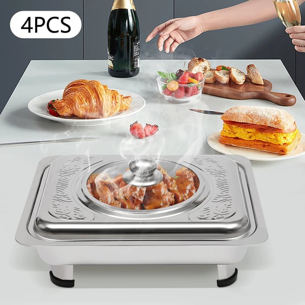 Buffetvarmer Chafing Dish Sæt - Rektangulære Fade Med Låg - 4-Pak - Rustfrit Stål & Glas - Til 7–9 Personer - Sølv