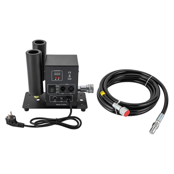 CO₂-jet - Sceneeffektmaskine - DMX512-styring - 200 W - Sprayhøjde 6–8 m - Spraybredde 2–6 m - Slange 5 m - EU-stik 220 V - Sort