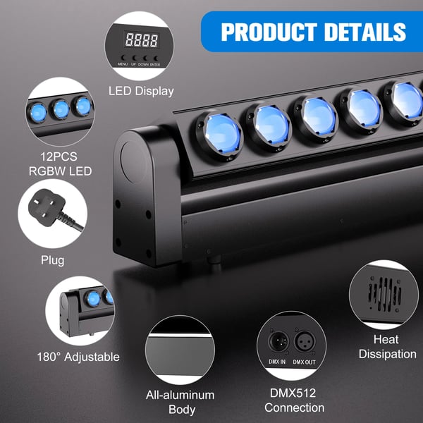LED lavavalo - 180W wall wash moving head - 12×15W RGBW - DMX512/RDM 7/11/55 kanavaa - Auto/ääniohjattu - 90–240V - Lämmin valo